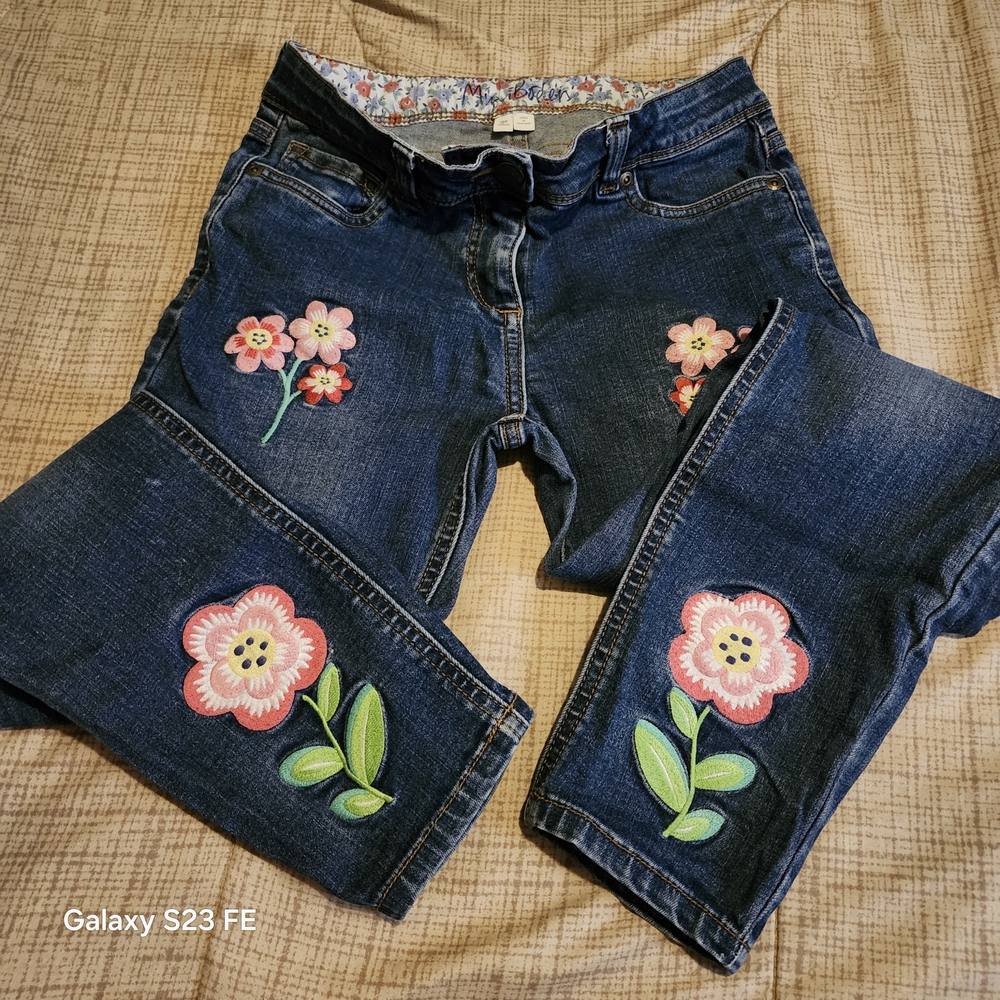 Mini Boden Blue Skinny Jeans with Pink Florals And Blue Birds Embroidery